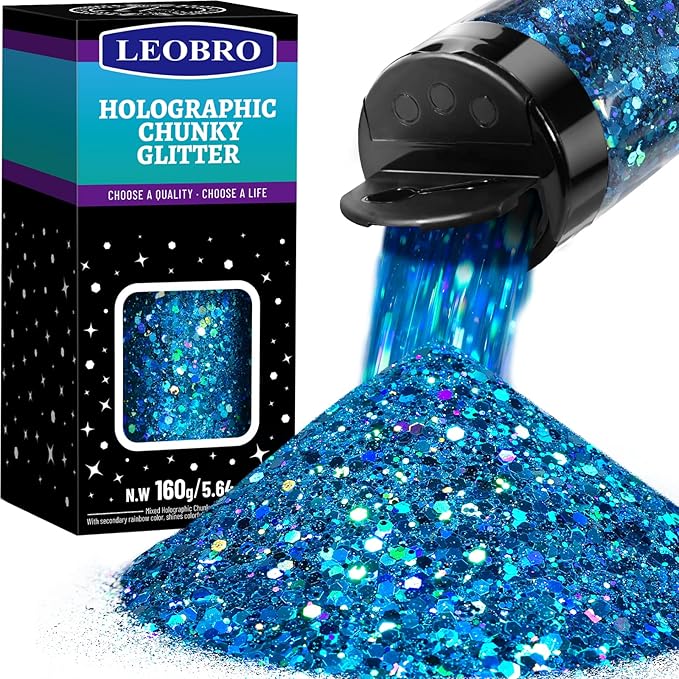 LEOBRO Blue Glitter, 160G/5.64OZ Holographic Chunky Glitter by LEOBRO