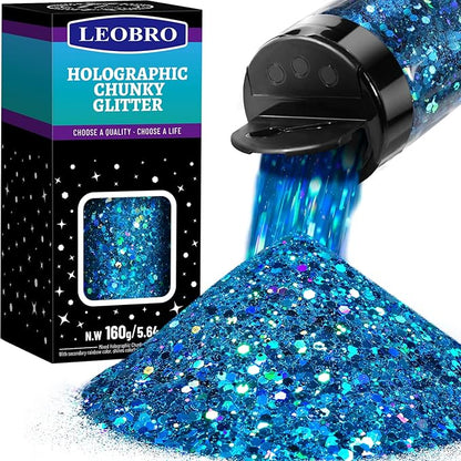 LEOBRO Blue Glitter, 160G/5.64OZ Holographic Chunky Glitter by LEOBRO