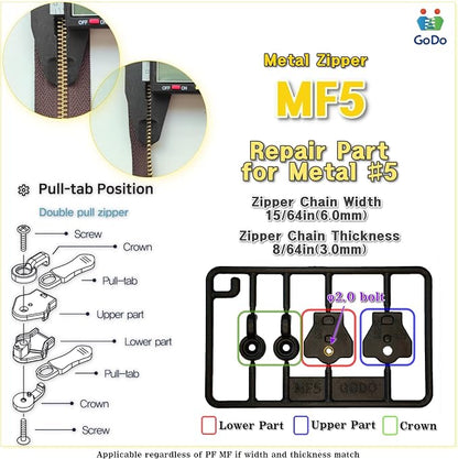 GODO MF5-2EA Metal Zipper Slider Repair Replacement Kits - Image 4