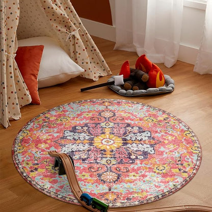 Lahome Bohemian Floral Medallion Round Rug - 3Ft Small Hot Pink Round Area Rug - Image 8