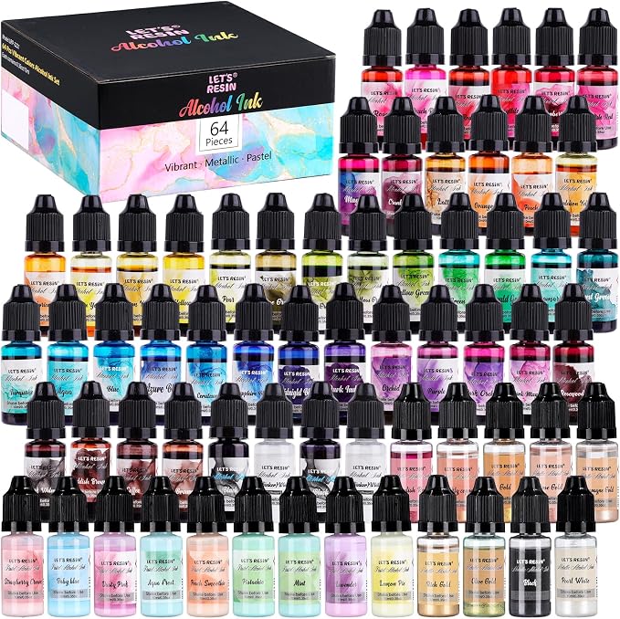 LET'S RESIN 64pcs Concentrated Alcohol Ink Set, 9 Pastel and 9 Metallic Vibrant by LETSRESIN