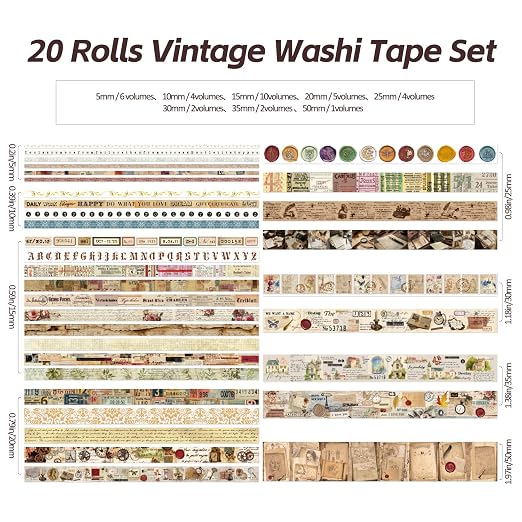 20 Rolls Vintage Washi Tape Set, Floral Letter Butterfly Mushroom Botanical - Image 4