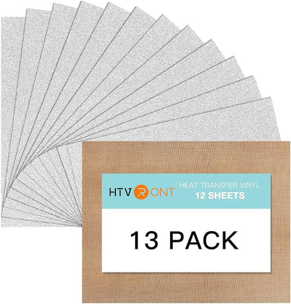 HTVRONT Silver Glitter HTV Heat Transfer Vinyl Bundle: 13 Pack 10" x 12" Iron by HTVRONT