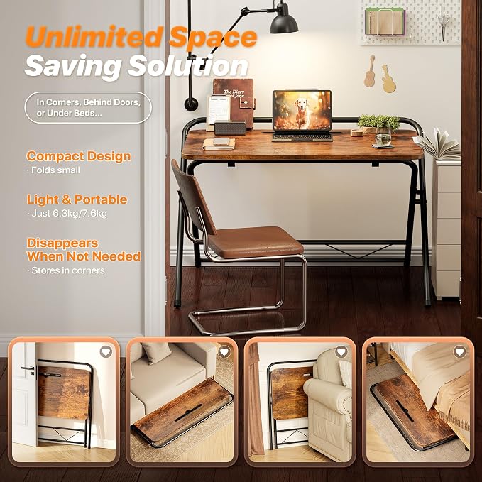 Huuger Folding Desk with 3-Level Adjustable Height and Tablet Slot, 32 Inch - Image 5
