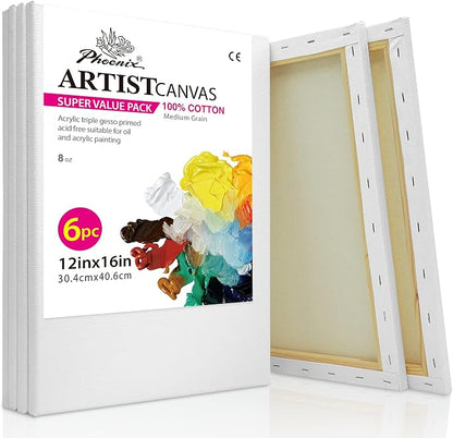 PHOENIX Stretched Canvas for Painting 12x16 Inch/6 Value Pack, 8 Oz Triple by PHOENIX