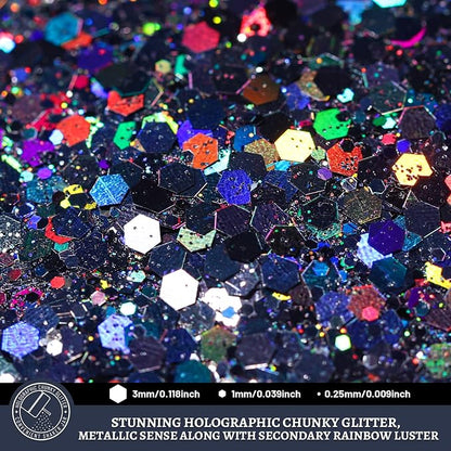 LEOBRO Black Glitter, 160g/5.64oz Holographic Chunky Glitter - Image 3