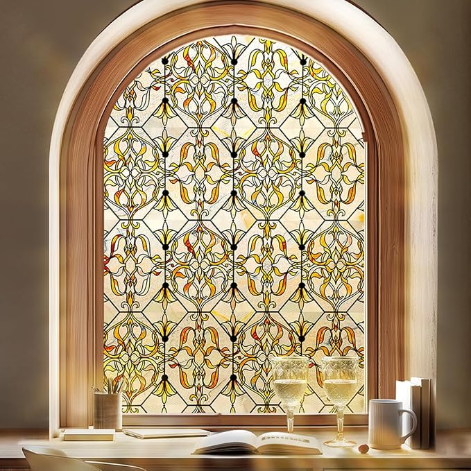 3D Stained Glass Window Privacy Film, Heat Control UV Blocking Static Cling by OHTMERU