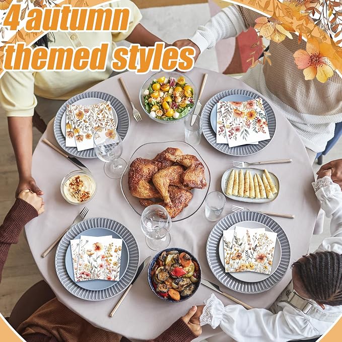 Fulmoon 200 Pieces Fall Floral Cocktail Napkins Disposable Thanksgiving Day - Image 2