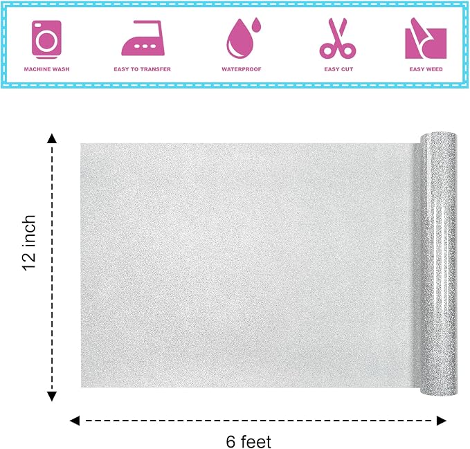 Silver Glitter Heat Transfer Vinyl 12Inch*6FT Glitter Iron on Vinyl - Image 3