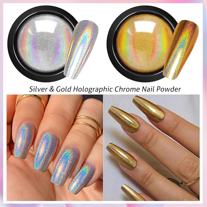 Gold Silver Chrome Nail Powder, 12 Colors Iridescent Holographic Unicorn Chrome - Image 3