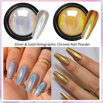 Gold Silver Chrome Nail Powder, 12 Colors Iridescent Holographic Unicorn Chrome - Image 3