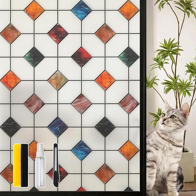 DKTIE Stained Glass Window Film Geometric Patterns, Fine Frosted Window Clings by Dktie
