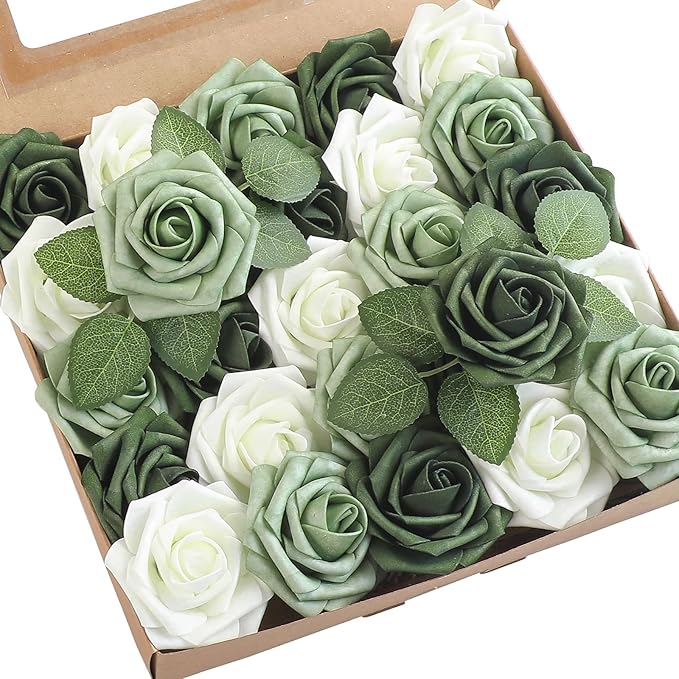 Floroom Artificial Flowers 25pcs Real Looking Sage Green & Emerald Green Foam by Floroom