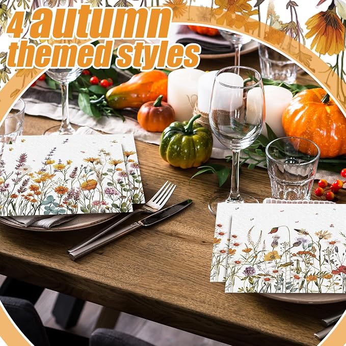 Fulmoon 200 Pieces Fall Floral Cocktail Napkins Disposable Autumn Flower - Image 5