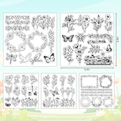 Whaline 5 Sheets Wildflower Clear Stamps Floral Leaves Butterfly Silicone - Image 2