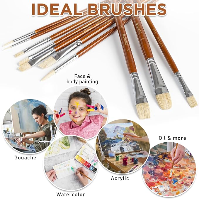 10pcs Short Handle White Hog Hair Artist Paint Brush Set by DUGATO Perfect - Image 6