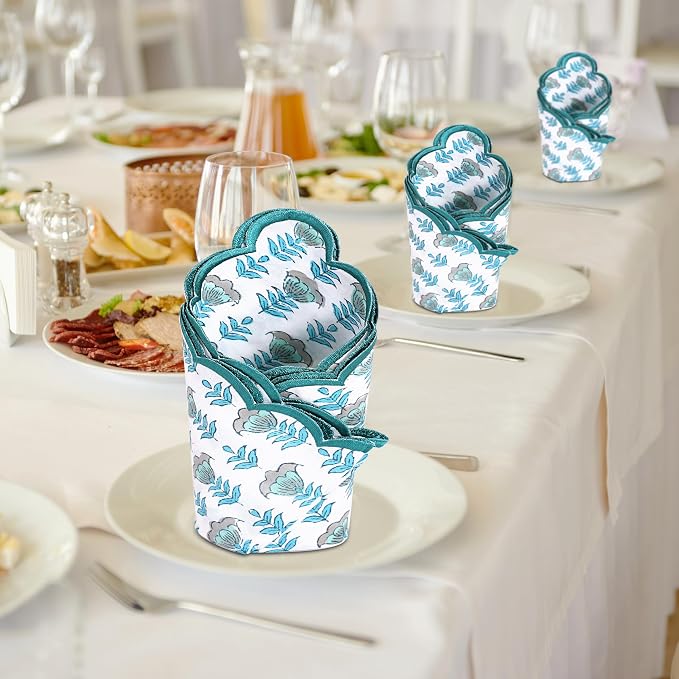 Ridhi Aquamarine Blue Hand Block Print Napkins 18" x 18" Set of 4 Reusable - Image 5