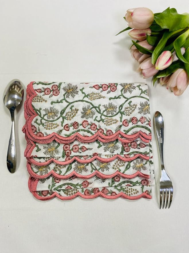 Ridhi Coral Pink Hand Block Print Napkins 18" x 18" Set of 4 Reusable Cotton - Image 6