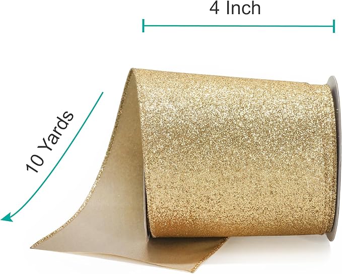 CT CRAFT LLC Glitter Wired Ribbon 4" x 10 Yards Light Gold - Image 2