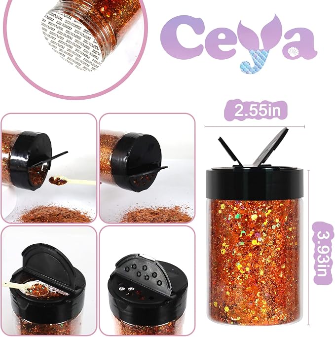 Ceya Holographic Chunky Glitter, 4.9oz/ 140g Orange Craft Fall Glitter Powder - Image 3