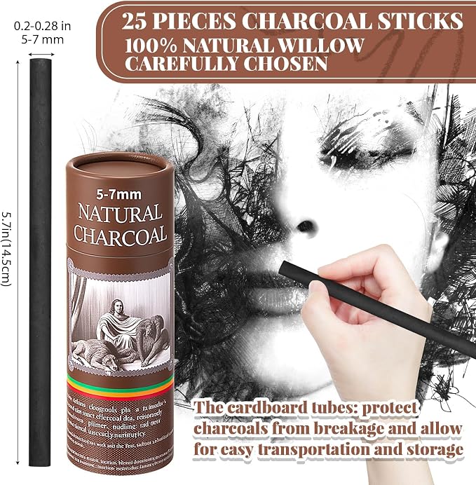 Gueevin 25 Pcs Willow Charcoal Sticks, Willow Charcoal, and Fine Art Christmas - Image 2