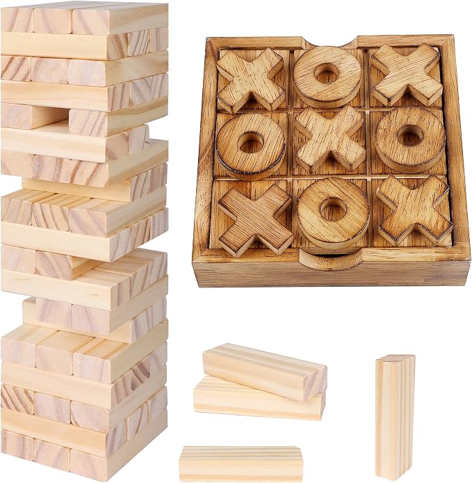 Glintoper Tic Tac Toe & Tumble Tower Blocks Tables Game Set, Classic Wood by Glintoper