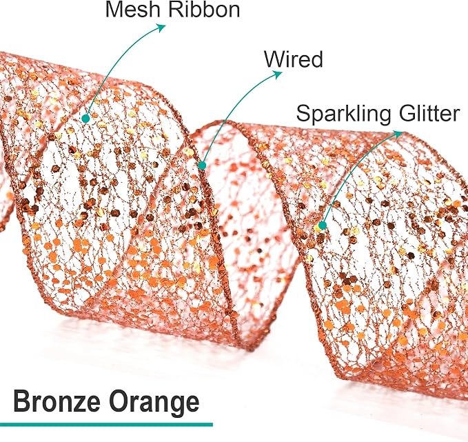 CT CRAFT LLC Sparkling Glitter Mesh Wired Ribbon 6" x 10 Yards Bronze Orange - Image 3