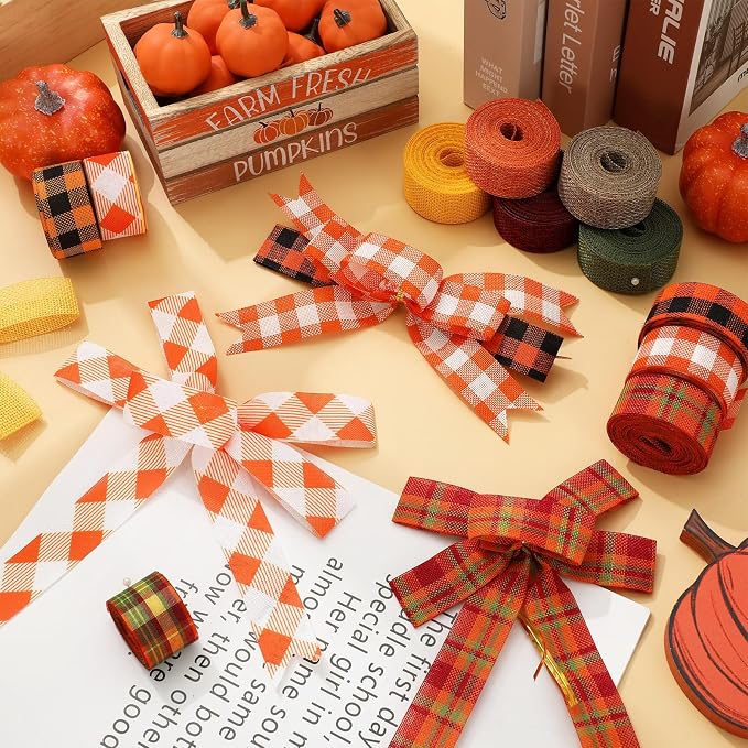 10 Rolls 50 Yard Fall Plaid Burlap Ribbon Rolls 1 Inch Autumn Gift Wrapping - Image 4