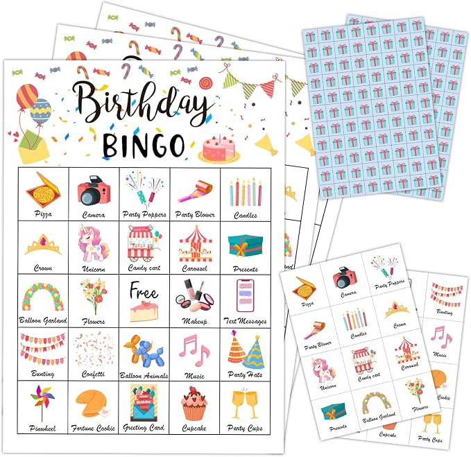 Birthday Party Bingo Game Cards, Birthday Bingo Card by mermermu
