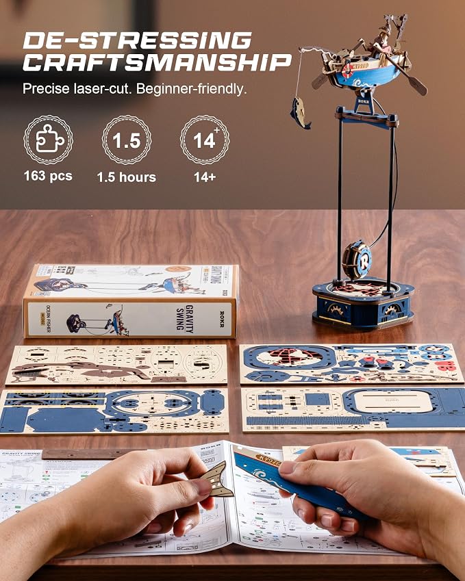 ROKR 3D Wooden Puzzles for Adults, Gravity Swing Ocean Fisher Model kit - Image 7
