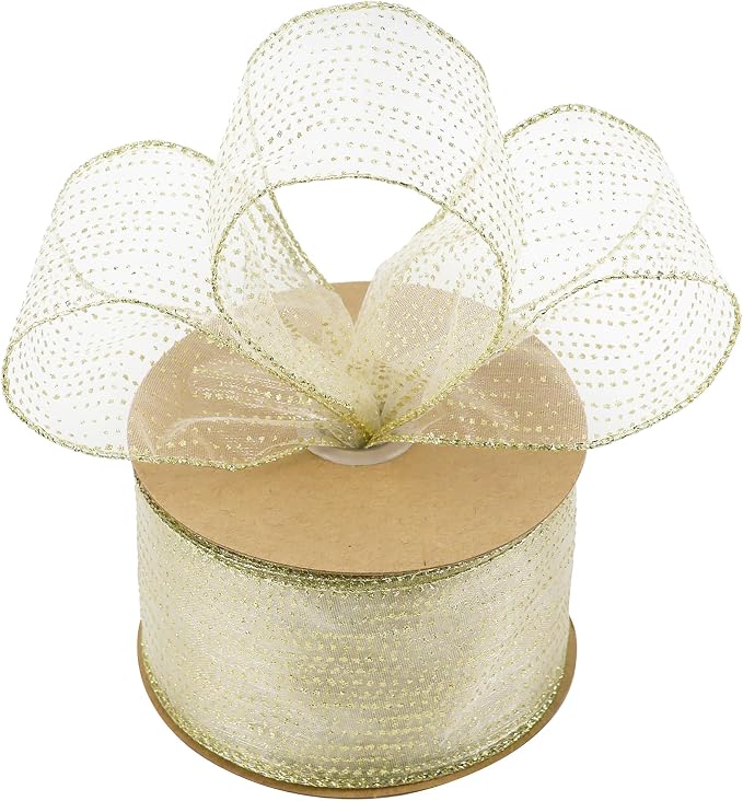 MEEDEE Glitter Gold Wired Ribbon 2.5 Inch Horizontal Stripes Polka Dot - Image 7