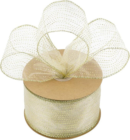 MEEDEE Glitter Gold Wired Ribbon 2.5 Inch Horizontal Stripes Polka Dot - Image 7