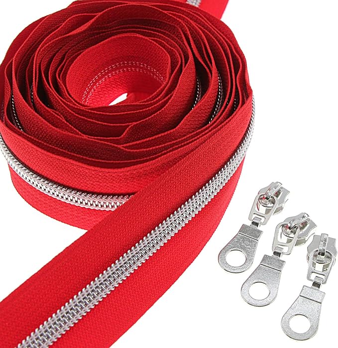 #5 Silver Metallic Nylon Coil Zippers by The Yard Bulk 10 Yards Red Tape by Leekayer
