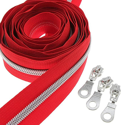 #5 Silver Metallic Nylon Coil Zippers by The Yard Bulk 10 Yards Red Tape by Leekayer