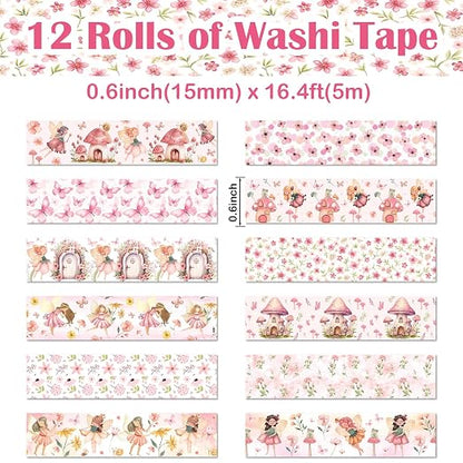 12 Rolls Fairy Washi Tape Set, Fairy Mushroom Butterfly Floral Decorative Tape - Image 2
