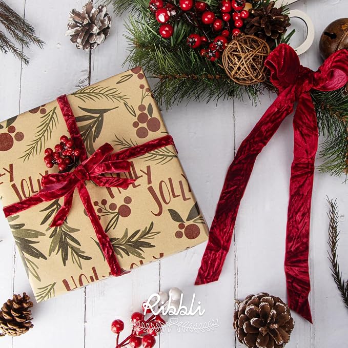 Ribbli Dark Red Velvet Ribbon 1 Inches Luxury Crinkled Red Christmas Ribbon - Image 2