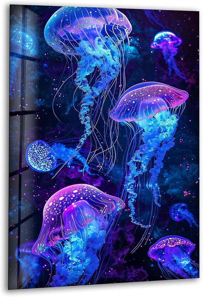My Photostation.com 27Wx43H'' Glowing Jellyfish Glass Wall Art Tempered Glass by MyPhotostation