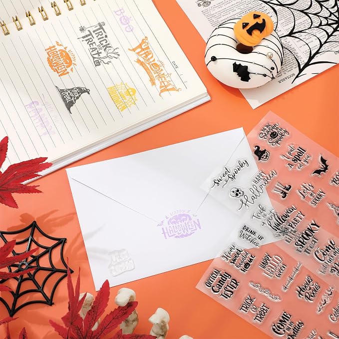 Whaline 4 Sheets Halloween Clear Stamps Greeting Words Pumpkin Bat Silicone - Image 6