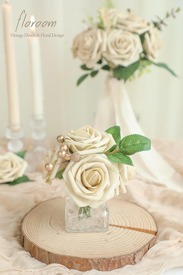 Floroom Artificial Flowers 25pcs Real Looking Beige Foam Fake Roses - Image 3