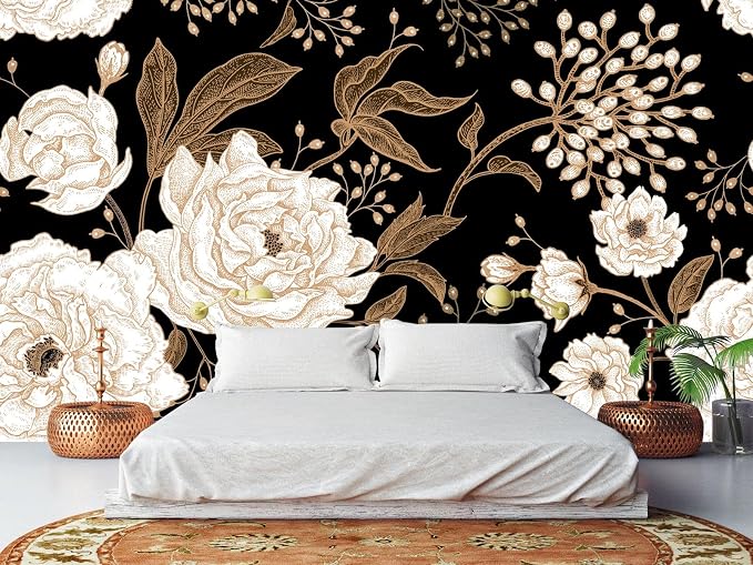 Wall Mural Peonies and Roses Floral Vintage Wallpaper Seamless Gold White - Image 3