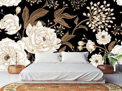 Wall Mural Peonies and Roses Floral Vintage Wallpaper Seamless Gold White - Image 3