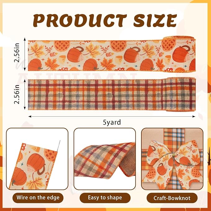 2 Rolls Fall Pumpkins Ribbons for Bows, Thanksgiving Wired Edge Ribbon Autumn - Image 2