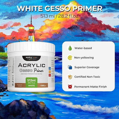 Nicpro White Gesso Primer for Acrylic Painting, Excellent Coverage, Gesso - Image 2