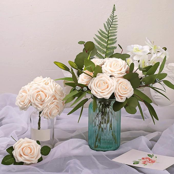 AmyHomie Artificial Flowers Champagne Rose 50pcs Real Looking Fake Roses w/Stem - Image 5