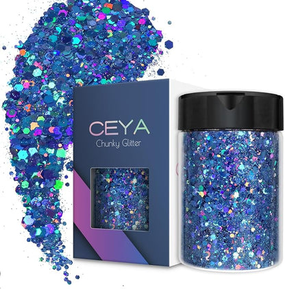 Ceya Holographic Chunky Glitter, 4.9oz/ 140g Blue Craft Glitter Powder Mixed by CEYA