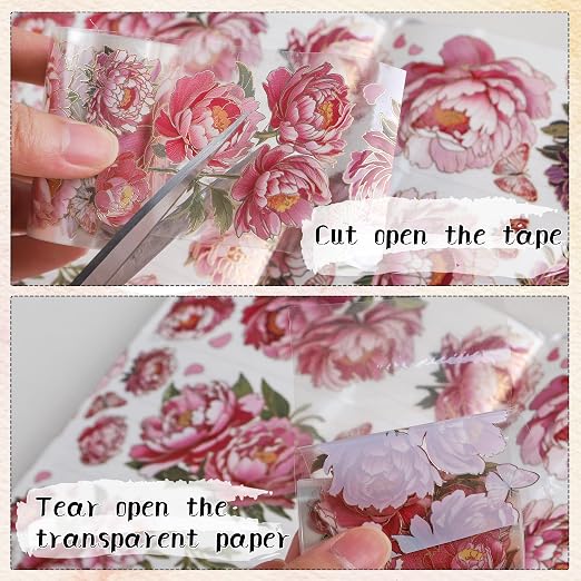 PET Tapes - Pink Flower Scrapbook Supplies, Transparent Floral Tapes - Image 6