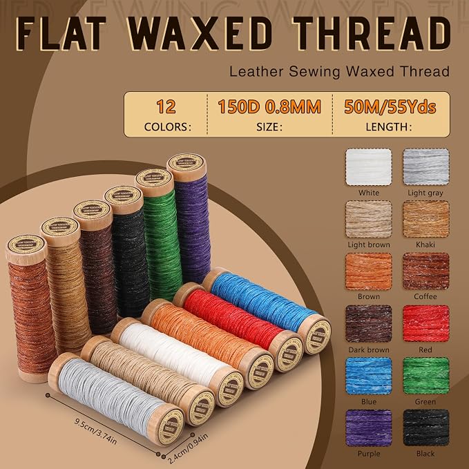 12 Colors Waxed Thread for Leather Sewing, 660 Yards Flat Leather Sewing Thread - Image 2