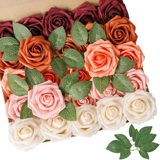 AmyHomie Artificial Flower Shades of Burgundy Rose 25pcs Real Looking Fake by AmyHomie