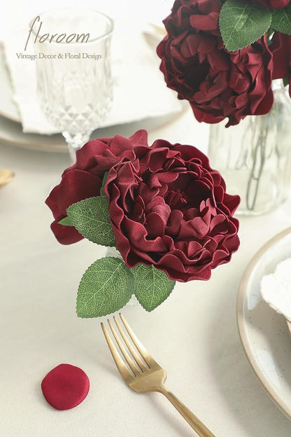 Floroom Artificial Flowers 16pcs 4" Burgundy Blooming Peonies Real Looking Foam - Image 3