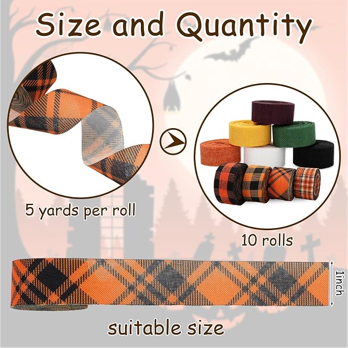 10 Rolls 50 Yard Halloween Plaid Burlap Ribbon Rolls 1 Inch Gift Wrapping - Image 2